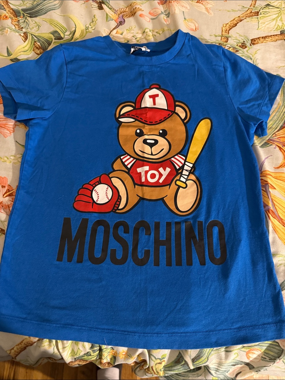 Moschino Blue Toy Bear Baseball Graphic Tee with Red & Yellow Accents